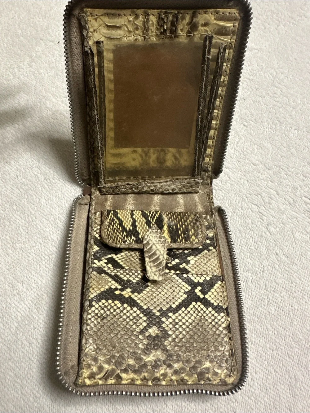 Vintage snakeskin Compact Zip Wallet in Brown with Black Trim. Exotic. Boho.